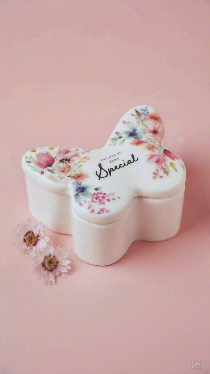Butterfly Ceramic Gift Set – Trinket Box &amp; Tealight Holder Floral Keepsake Gift