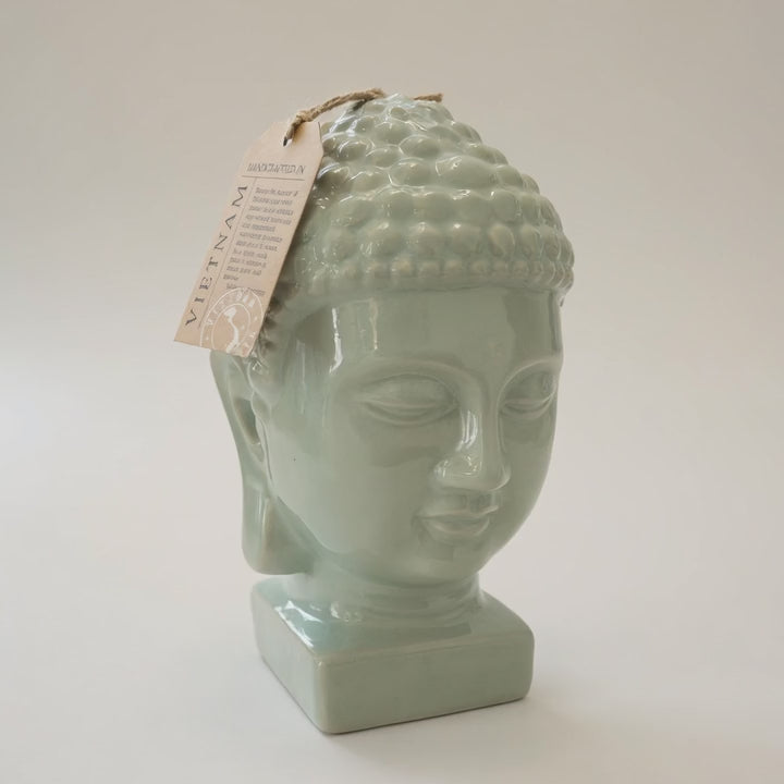 Handcrafted Vietnamese Ceramic Buddha Head Ornament – Sage Green Glazed Zen Sculpture – Meditation Home Décor Gift